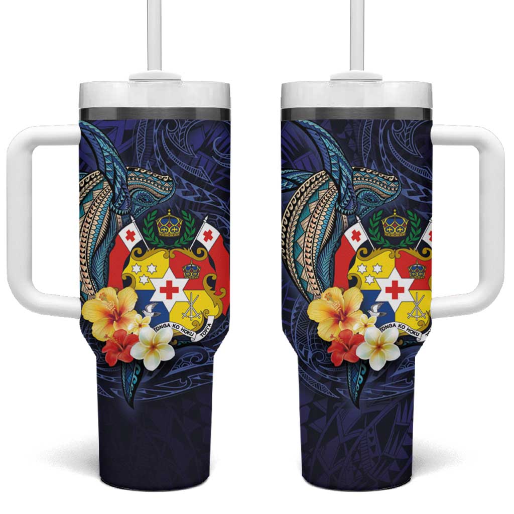 Tonga Vava'u Humpback Whale Blue Water Tumbler With Handle Polynesian Hibiscus Flowers