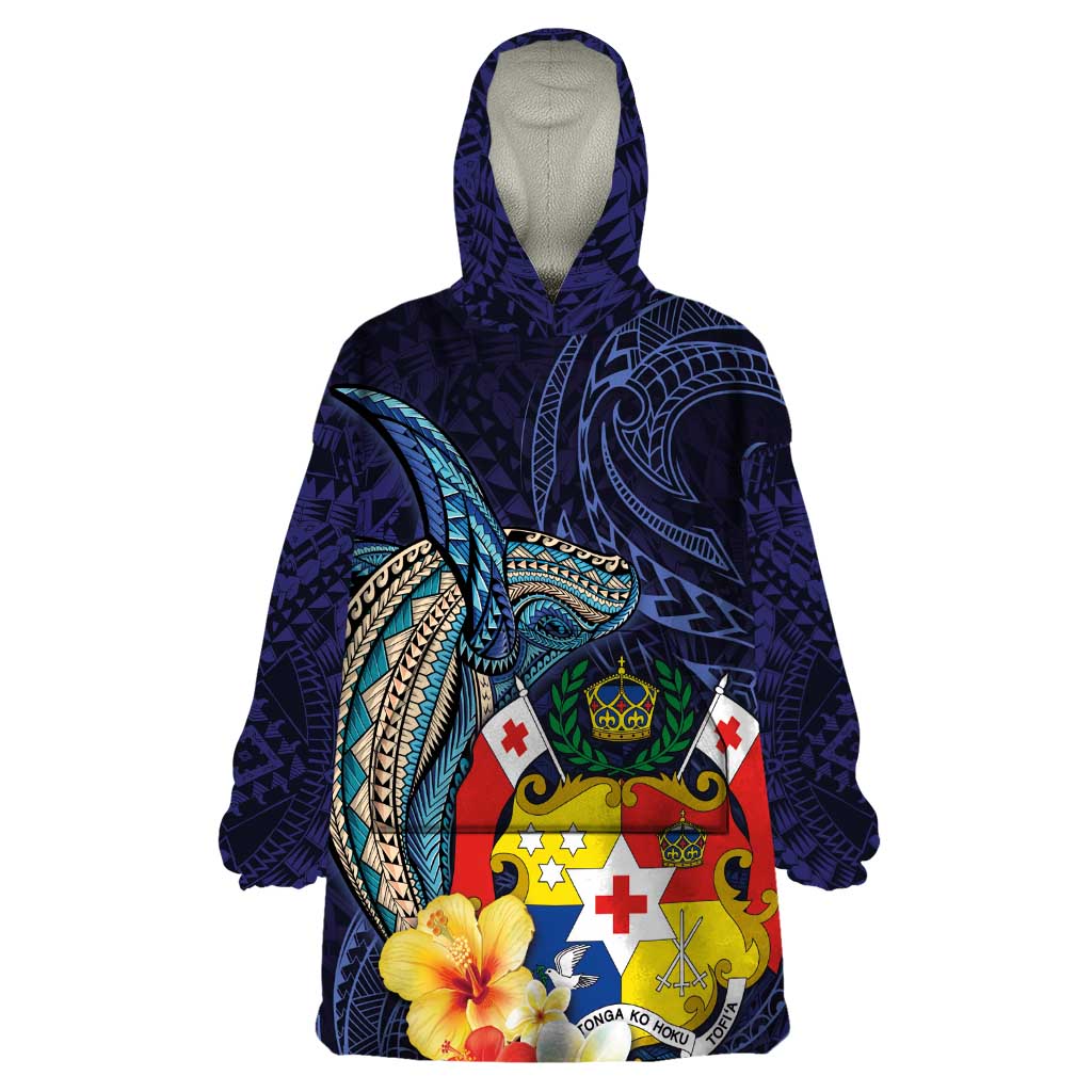 Tonga Vava'u Humpback Whale Blue Water Wearable Blanket Hoodie Polynesian Hibiscus Flowers LT03 One Size Blue - Polynesian Pride
