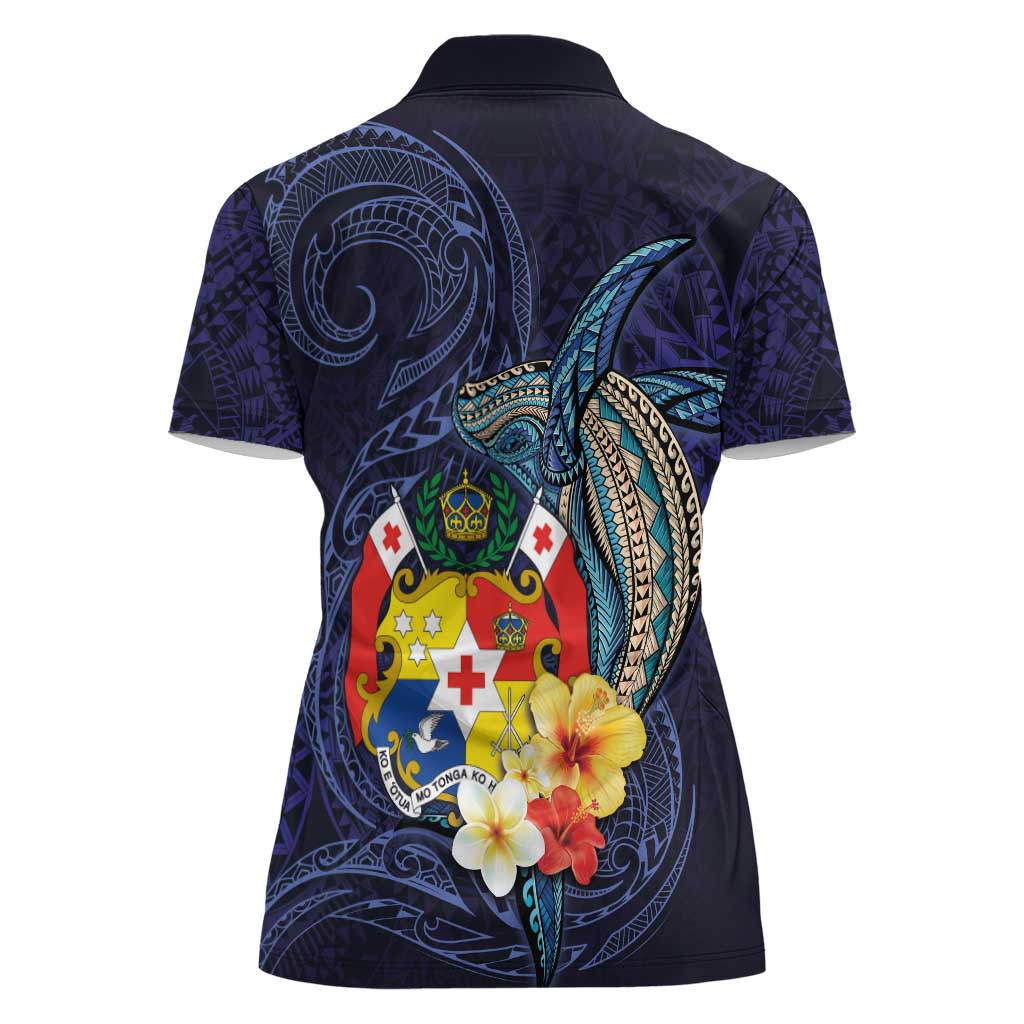 Tonga Vava'u Humpback Whale Blue Water Women Polo Shirt Polynesian Hibiscus Flowers LT03 - Polynesian Pride