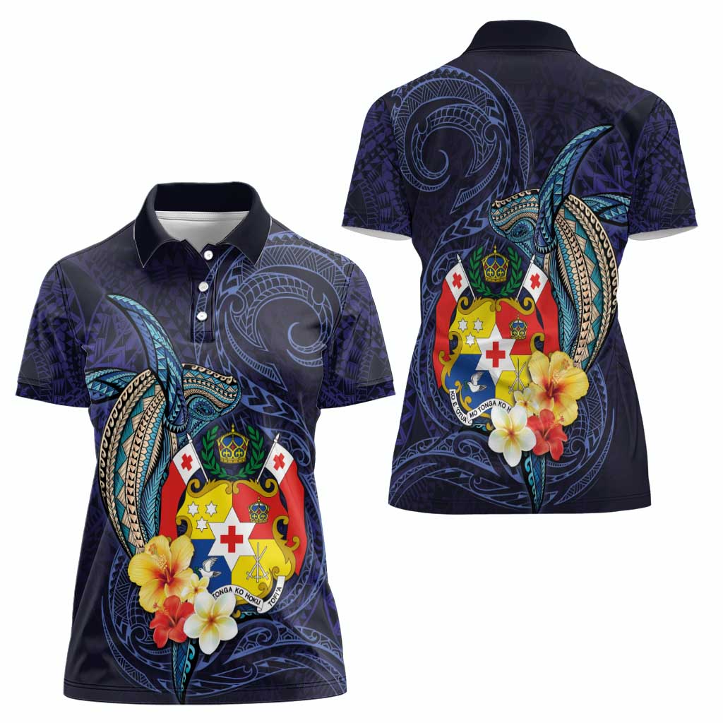 Tonga Vava'u Humpback Whale Blue Water Women Polo Shirt Polynesian Hibiscus Flowers LT03 - Polynesian Pride