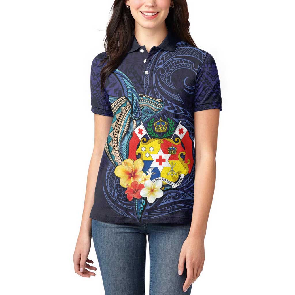 Tonga Vava'u Humpback Whale Blue Water Women Polo Shirt Polynesian Hibiscus Flowers LT03 - Polynesian Pride