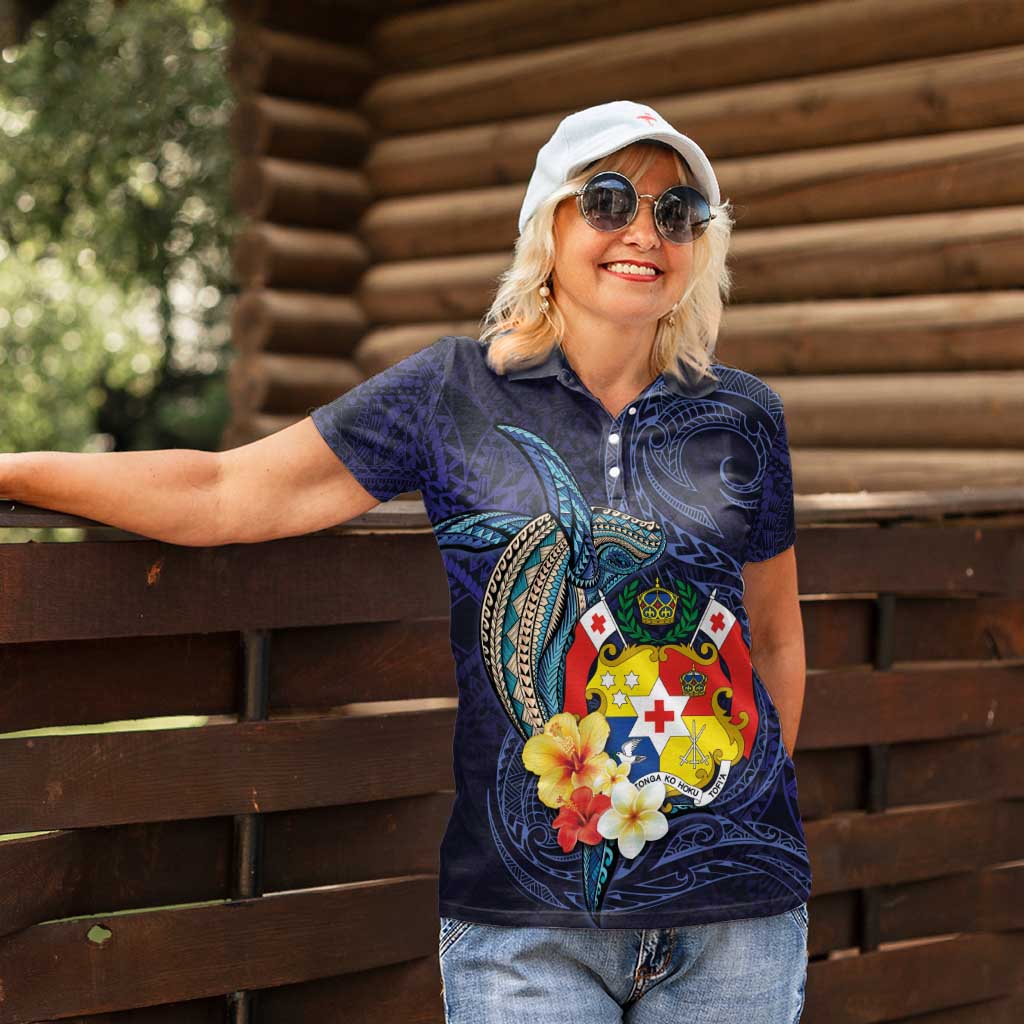 Tonga Vava'u Humpback Whale Blue Water Women Polo Shirt Polynesian Hibiscus Flowers LT03 - Polynesian Pride