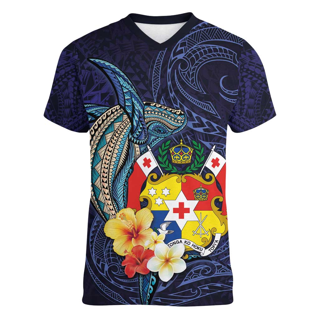 Tonga Vava'u Humpback Whale Blue Water Women V-Neck T-Shirt Polynesian Hibiscus Flowers