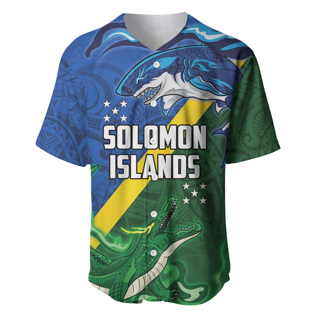Solomon Islands Polynesian Tribal Shark and Crocodile Baseball Jersey LT03 Blue - Polynesian Pride
