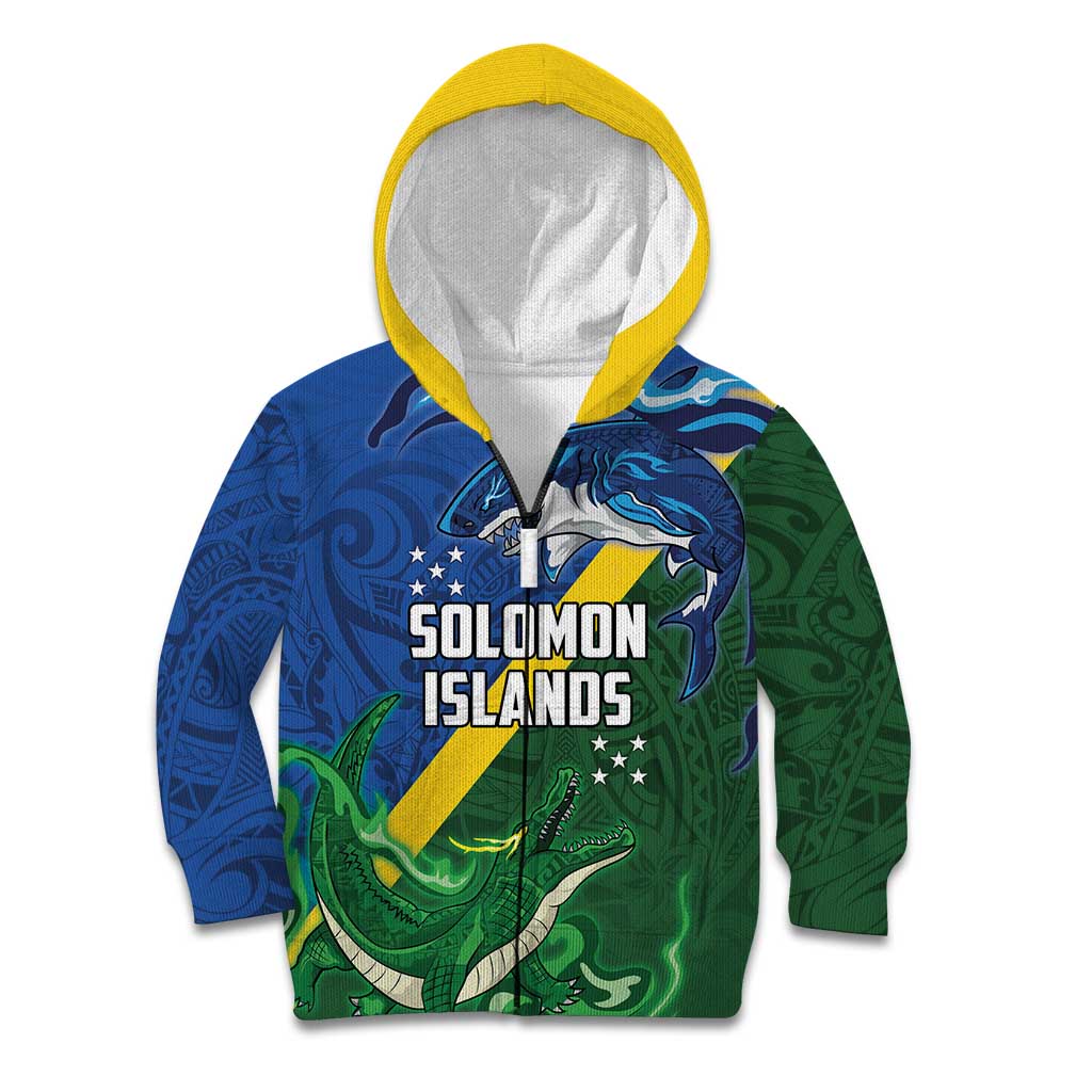 Solomon Islands Polynesian Tribal Shark and Crocodile Kid Hoodie LT03 Zip Hoodie Blue - Polynesian Pride