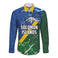Solomon Islands Polynesian Tribal Shark and Crocodile Long Sleeve Button Shirt LT03 Unisex Blue - Polynesian Pride