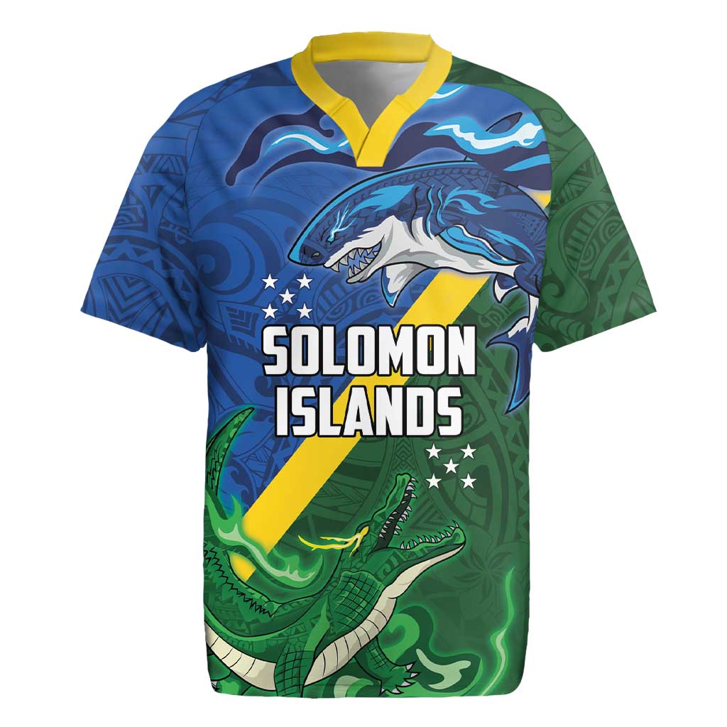 Solomon Islands Polynesian Tribal Shark and Crocodile Rugby Jersey LT03 Blue - Polynesian Pride