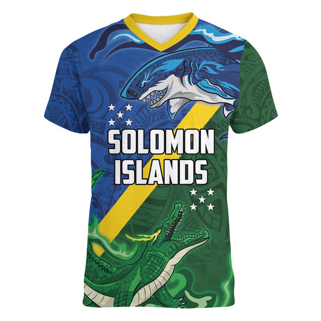 Solomon Islands Polynesian Tribal Shark and Crocodile Women V-Neck T-Shirt