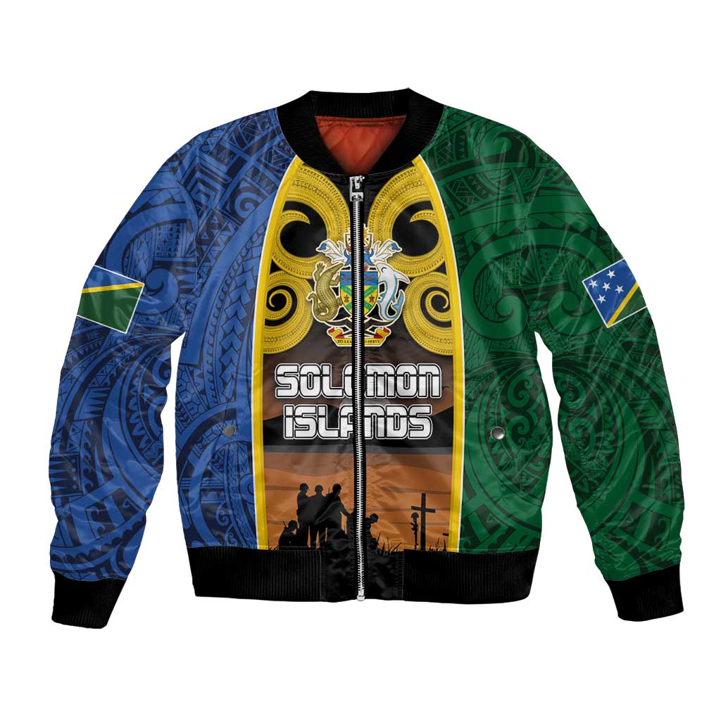 Solomon Islands Remembrance Day Bomber Jacket Lest We Forget and Polynesian Tattoo Pattern LT03 Unisex Black - Polynesian Pride