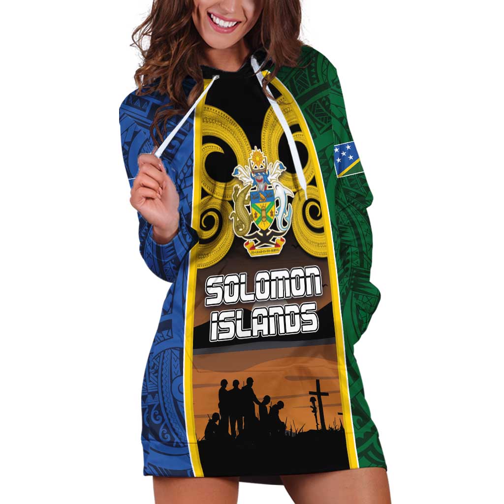 Solomon Islands Remembrance Day Hoodie Dress Lest We Forget and Polynesian Tattoo Pattern LT03 Black - Polynesian Pride