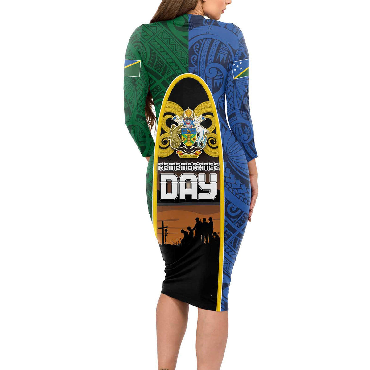 Solomon Islands Remembrance Day Long Sleeve Bodycon Dress Lest We Forget and Polynesian Tattoo Pattern LT03 - Polynesian Pride