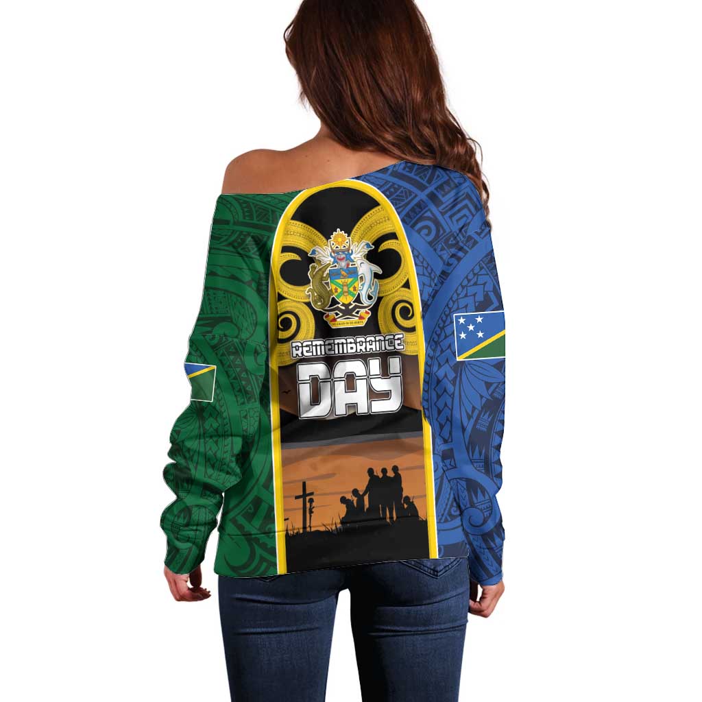 Solomon Islands Remembrance Day Off Shoulder Sweater Lest We Forget and Polynesian Tattoo Pattern LT03 - Polynesian Pride