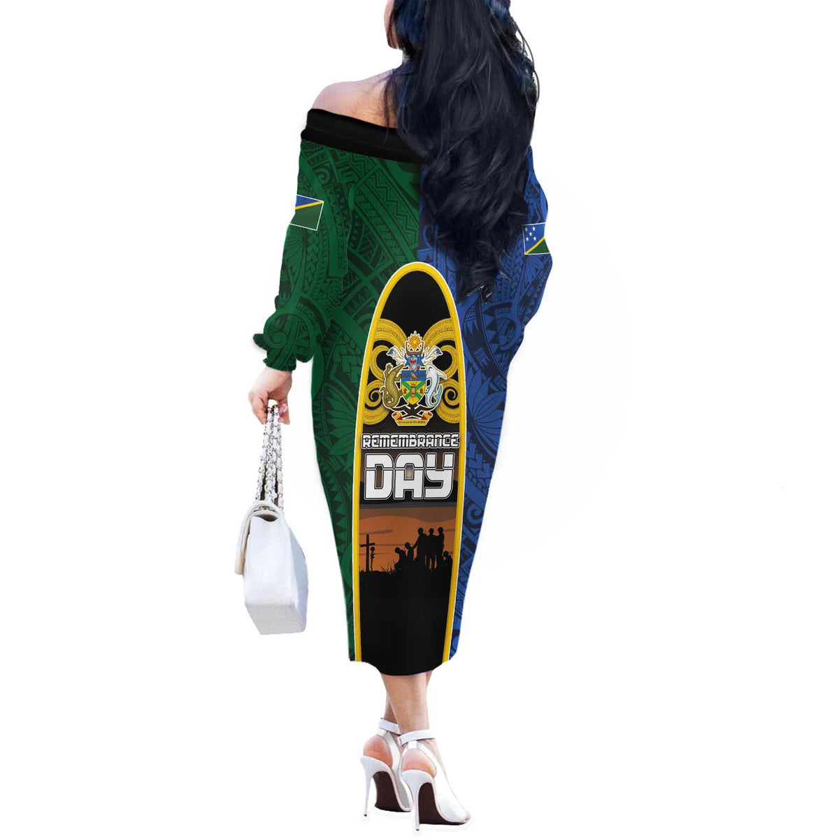 Solomon Islands Remembrance Day Off The Shoulder Long Sleeve Dress Lest We Forget and Polynesian Tattoo Pattern LT03 - Polynesian Pride