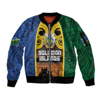Solomon Islands Remembrance Day Sleeve Zip Bomber Jacket Lest We Forget and Polynesian Tattoo Pattern LT03 Unisex Black - Polynesian Pride