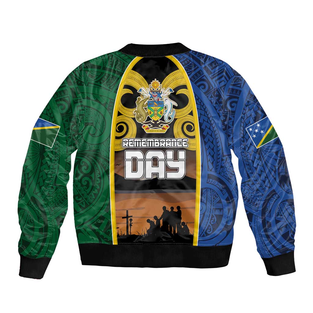 Solomon Islands Remembrance Day Sleeve Zip Bomber Jacket Lest We Forget and Polynesian Tattoo Pattern LT03 - Polynesian Pride