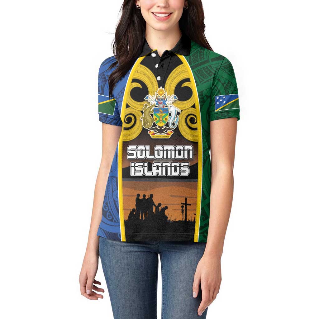 Solomon Islands Remembrance Day Women Polo Shirt Lest We Forget and Polynesian Tattoo Pattern LT03 - Polynesian Pride