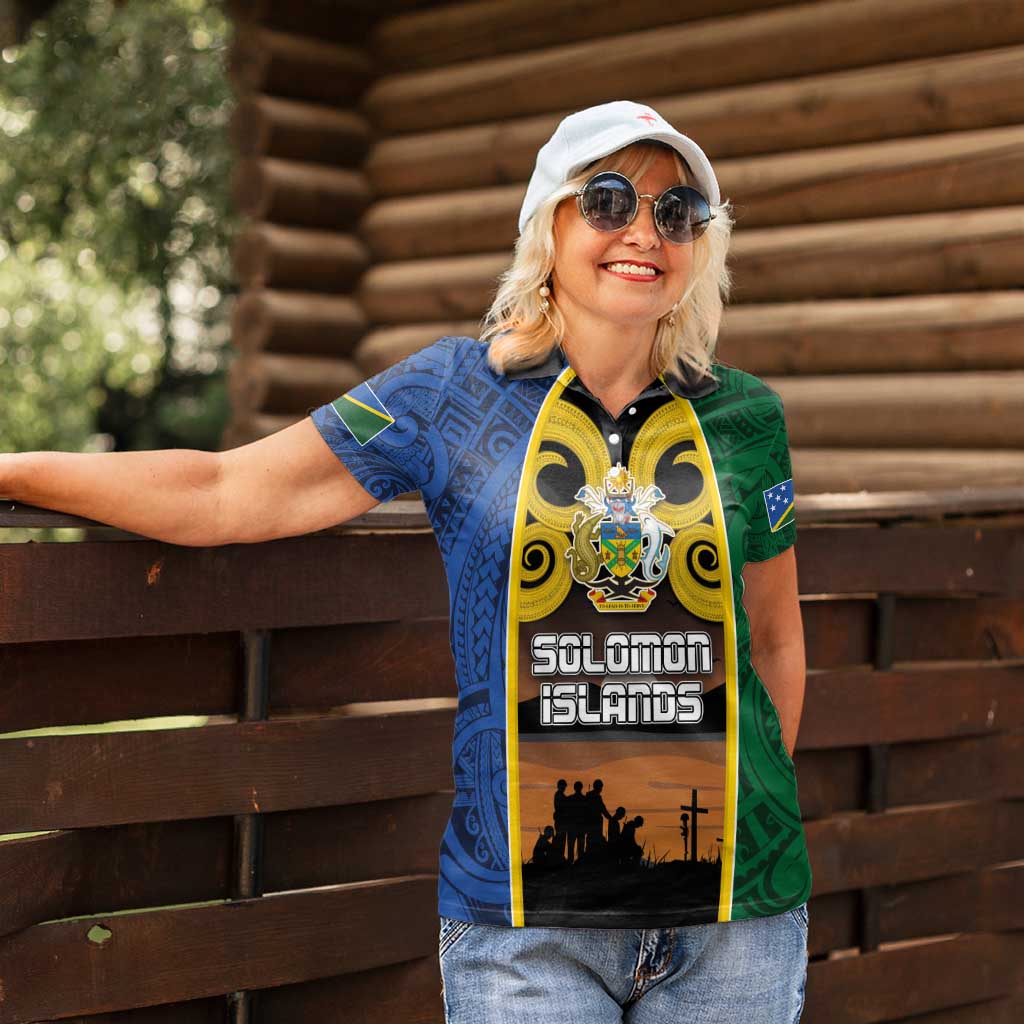 Solomon Islands Remembrance Day Women Polo Shirt Lest We Forget and Polynesian Tattoo Pattern LT03 - Polynesian Pride