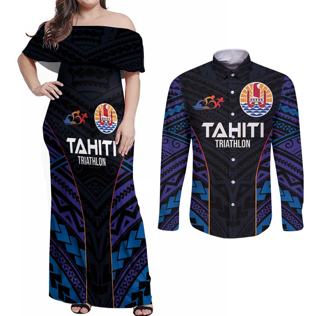 Personalised Tahiti Triathlon Polynesian Pattern Couples Matching Off Shoulder Maxi Dress and Long Sleeve Button Shirt