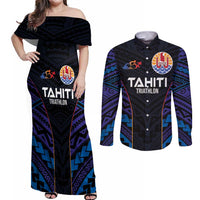 Personalised Tahiti Triathlon Polynesian Pattern Couples Matching Off Shoulder Maxi Dress and Long Sleeve Button Shirt LT03 Black - Polynesian Pride