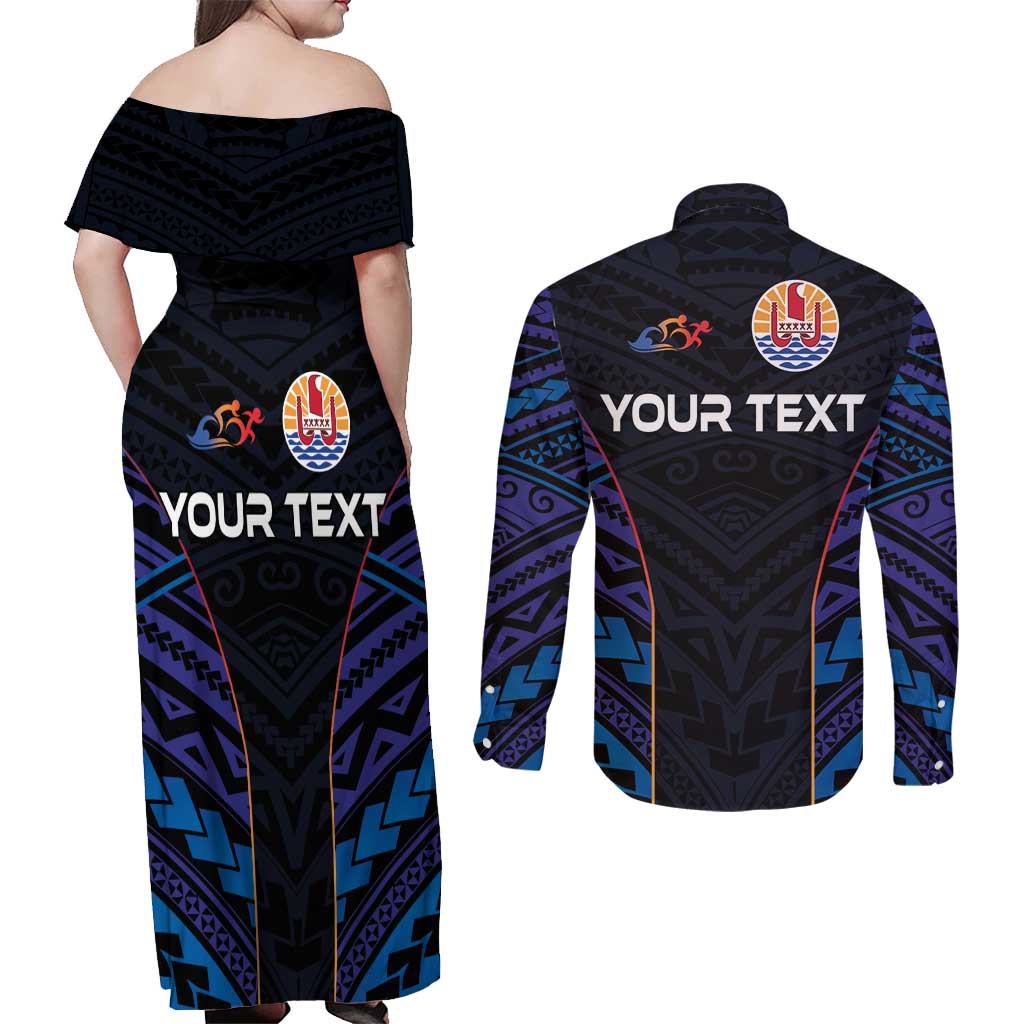 Personalised Tahiti Triathlon Polynesian Pattern Couples Matching Off Shoulder Maxi Dress and Long Sleeve Button Shirt LT03 - Polynesian Pride
