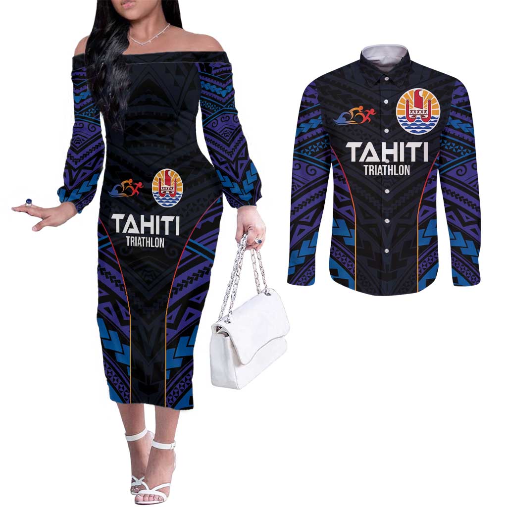 Personalised Tahiti Triathlon Polynesian Pattern Couples Matching Off The Shoulder Long Sleeve Dress and Long Sleeve Button Shirt