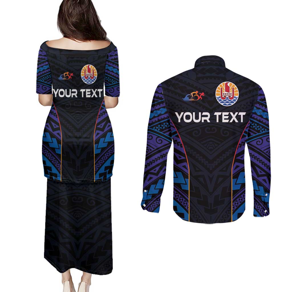 Personalised Tahiti Triathlon Polynesian Pattern Couples Matching Puletasi and Long Sleeve Button Shirt LT03 - Polynesian Pride