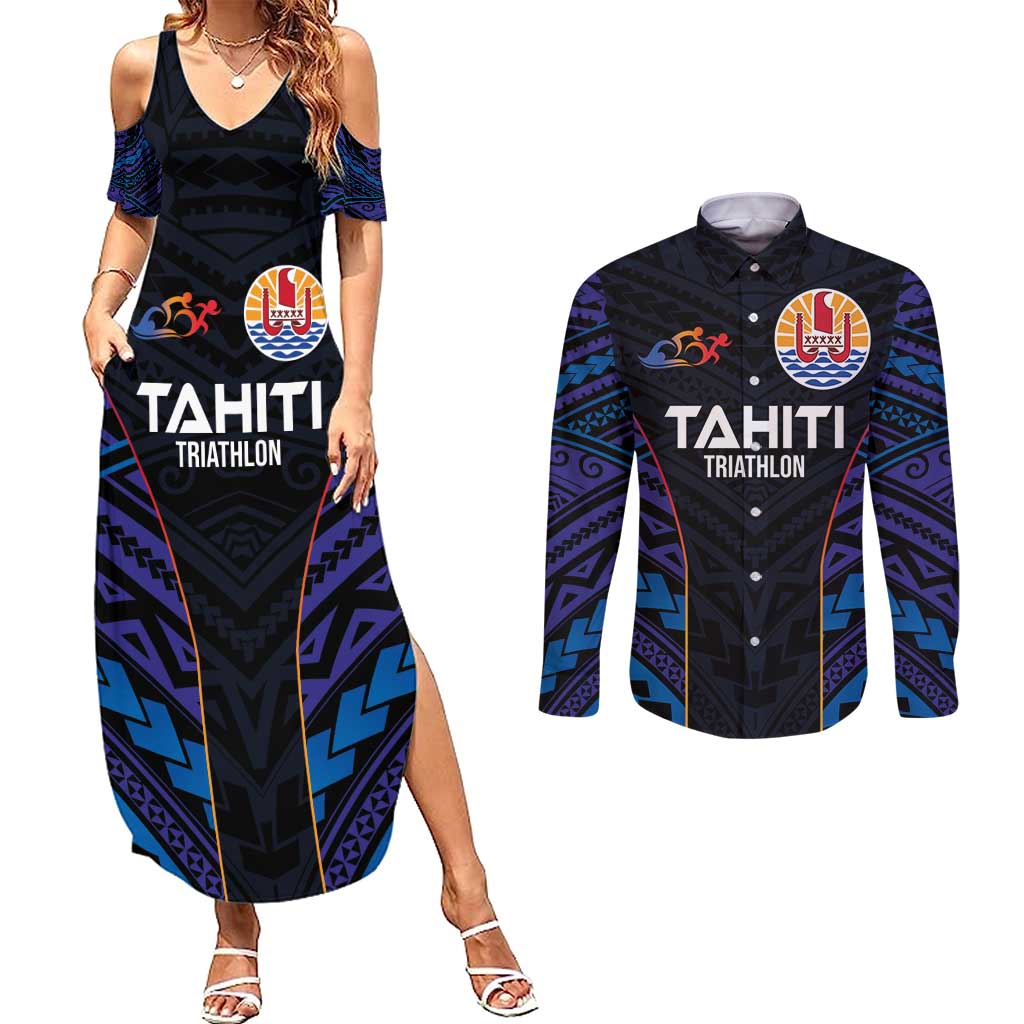 Personalised Tahiti Triathlon Polynesian Pattern Couples Matching Summer Maxi Dress and Long Sleeve Button Shirt LT03 Black - Polynesian Pride