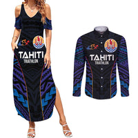 Personalised Tahiti Triathlon Polynesian Pattern Couples Matching Summer Maxi Dress and Long Sleeve Button Shirt LT03 Black - Polynesian Pride