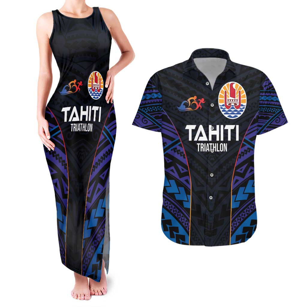 Personalised Tahiti Triathlon Polynesian Pattern Couples Matching Tank Maxi Dress and Hawaiian Shirt