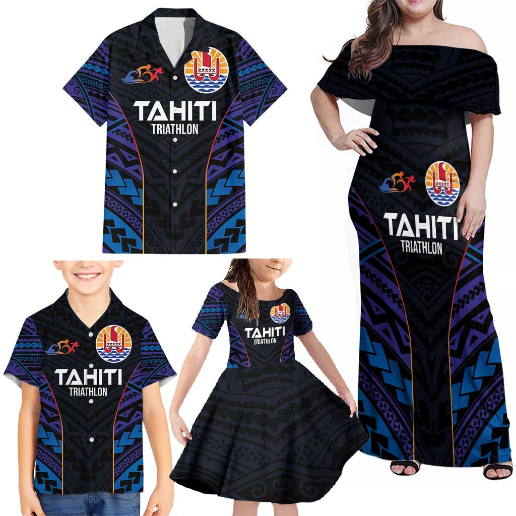 Personalised Tahiti Triathlon Polynesian Pattern Family Matching Off Shoulder Maxi Dress and Hawaiian Shirt