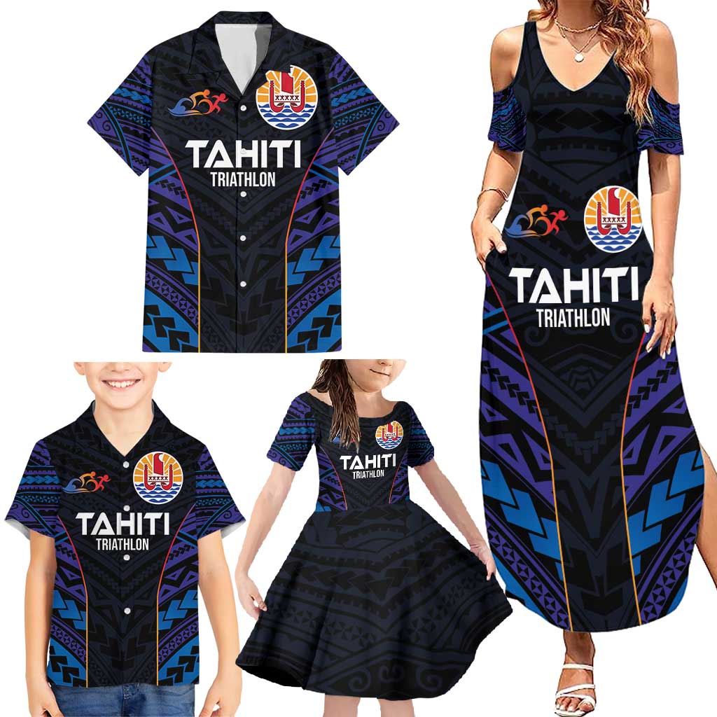 Personalised Tahiti Triathlon Polynesian Pattern Family Matching Summer Maxi Dress and Hawaiian Shirt