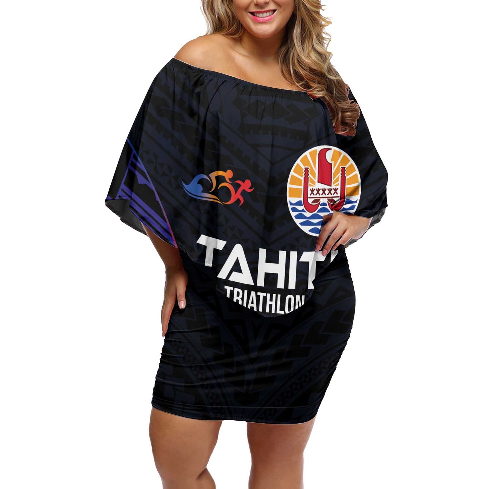 Personalised Tahiti Triathlon Polynesian Pattern Off Shoulder Short Dress LT03 Women Black - Polynesian Pride