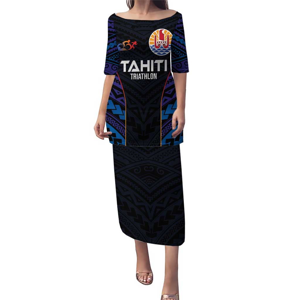 Personalised Tahiti Triathlon Polynesian Pattern Puletasi LT03 Long Dress Black - Polynesian Pride