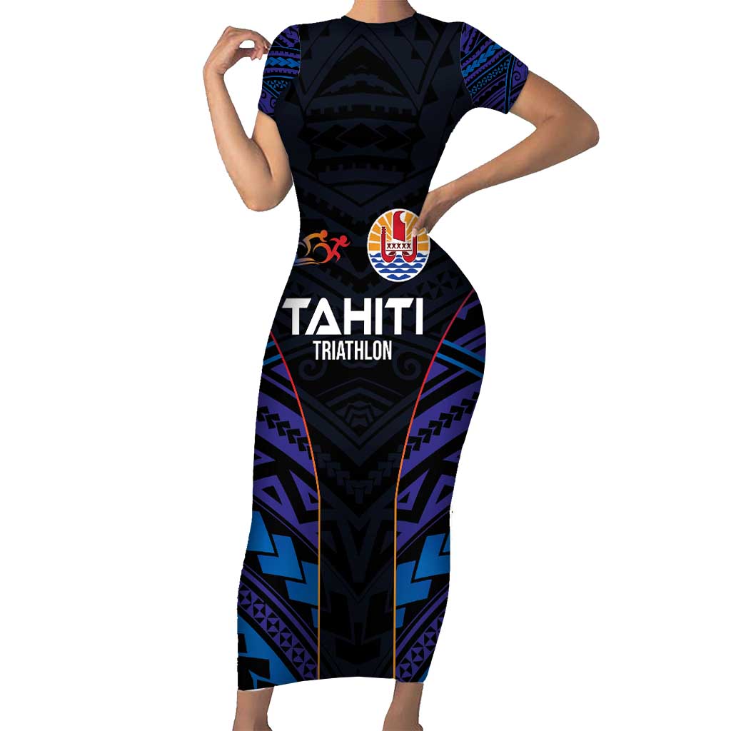 Personalised Tahiti Triathlon Polynesian Pattern Short Sleeve Bodycon Dress