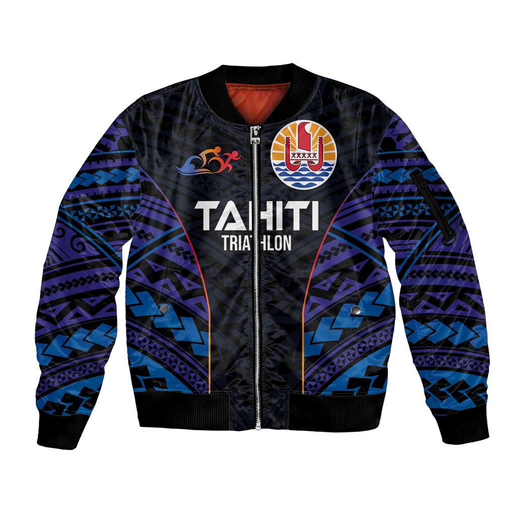 Personalised Tahiti Triathlon Polynesian Pattern Sleeve Zip Bomber Jacket LT03 Unisex Black - Polynesian Pride
