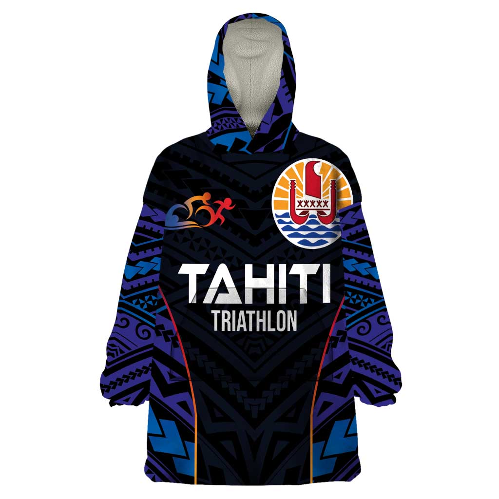 Personalised Tahiti Triathlon Polynesian Pattern Wearable Blanket Hoodie LT03 One Size Black - Polynesian Pride