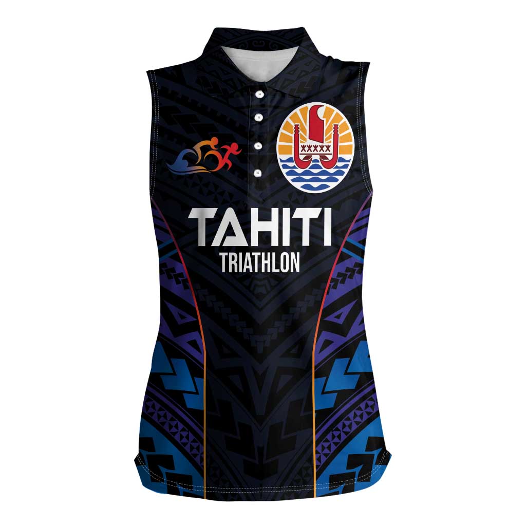 Personalised Tahiti Triathlon Polynesian Pattern Women Sleeveless Polo Shirt