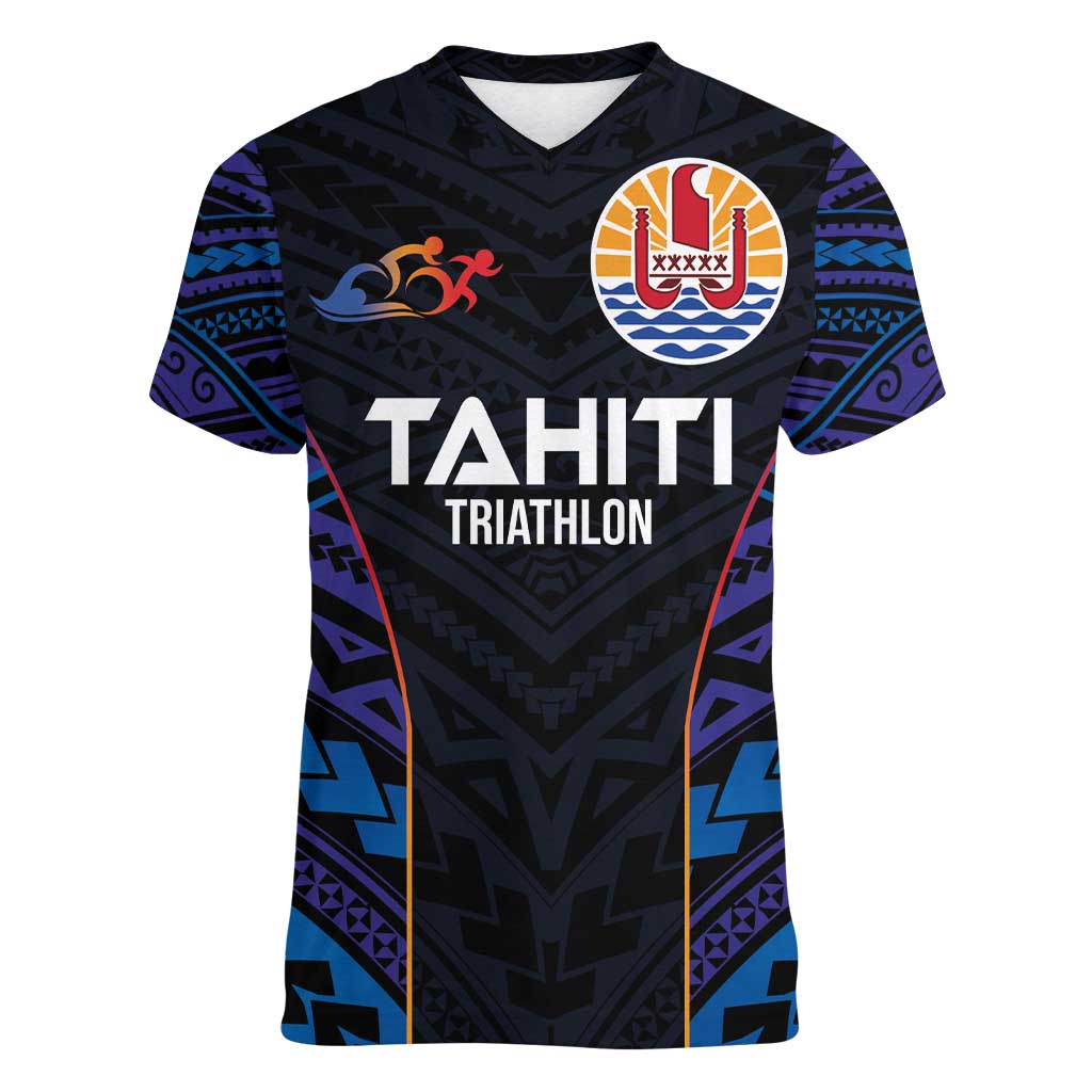 Personalised Tahiti Triathlon Polynesian Pattern Women V-Neck T-Shirt