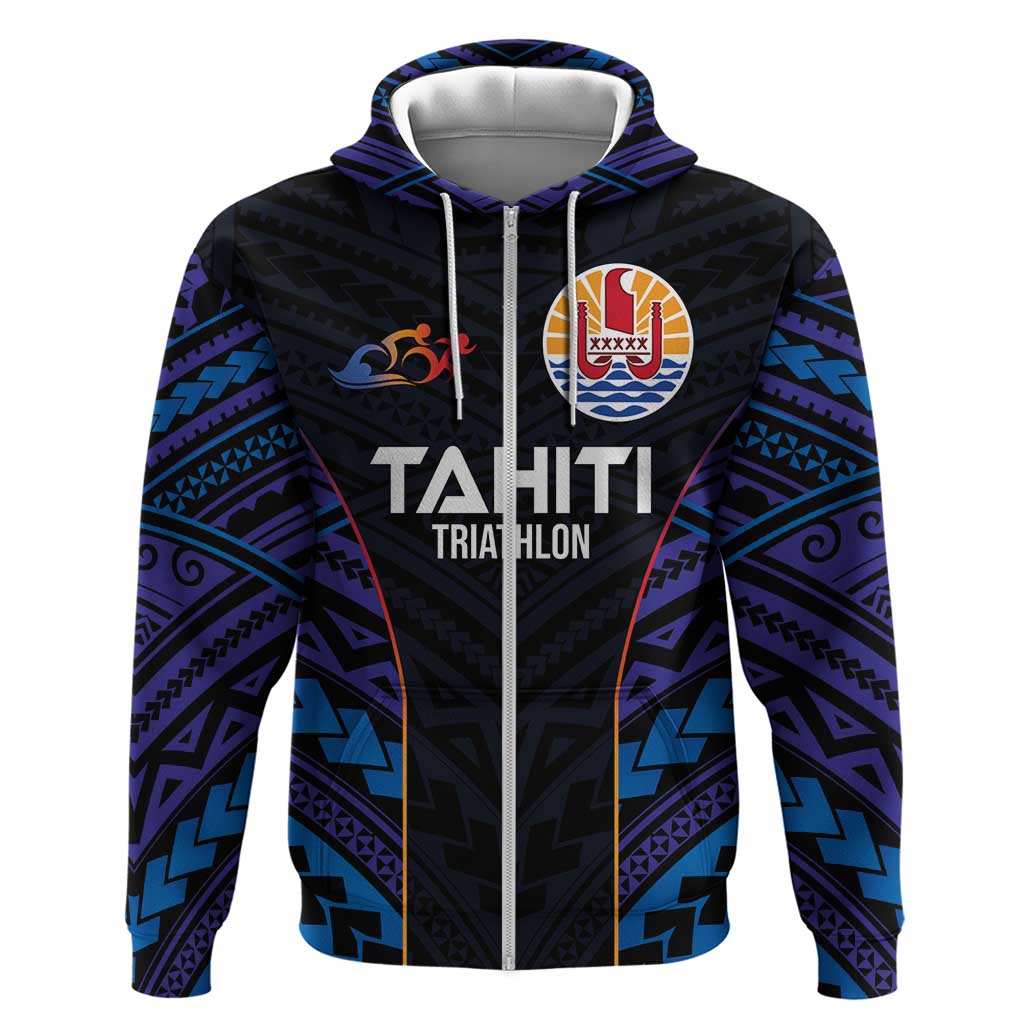 Personalised Tahiti Triathlon Polynesian Pattern Zip Hoodie