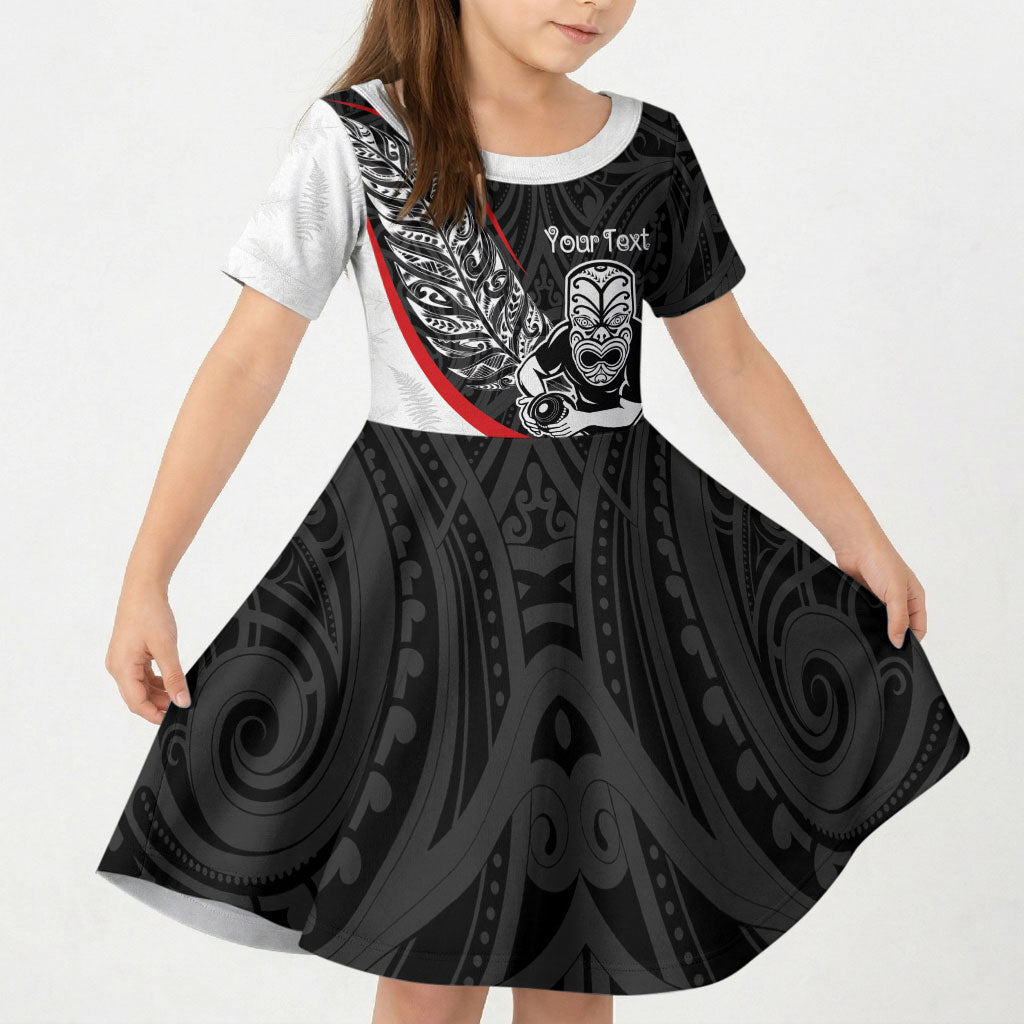 Personalised Aotearoa Lawn Bowls Kid Short Sleeve Dress Maori Warrior and Silver Fern Sporty Style LT03 KID Black - Polynesian Pride