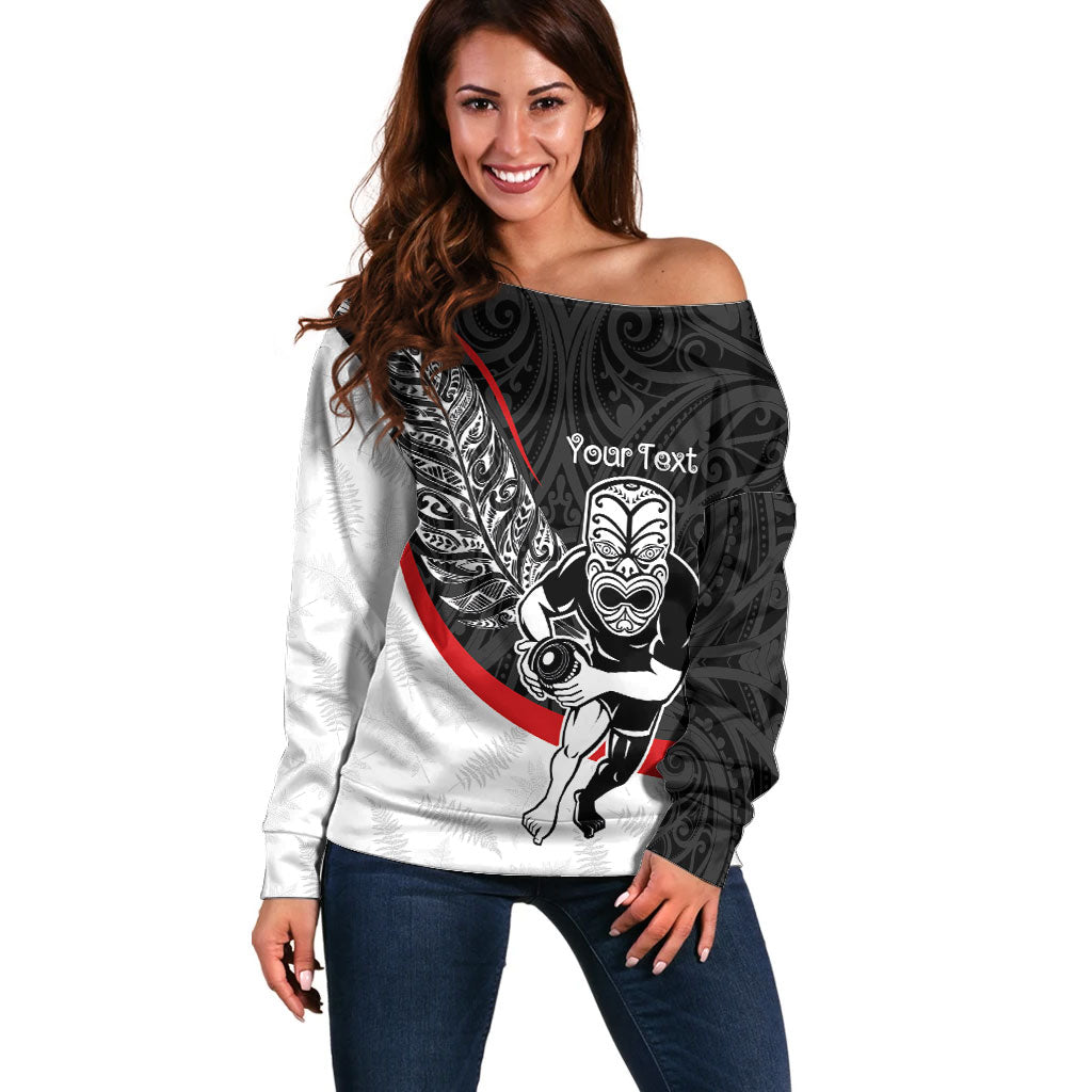 Personalised Aotearoa Lawn Bowls Off Shoulder Sweater Maori Warrior and Silver Fern Sporty Style LT03 Women Black - Polynesian Pride