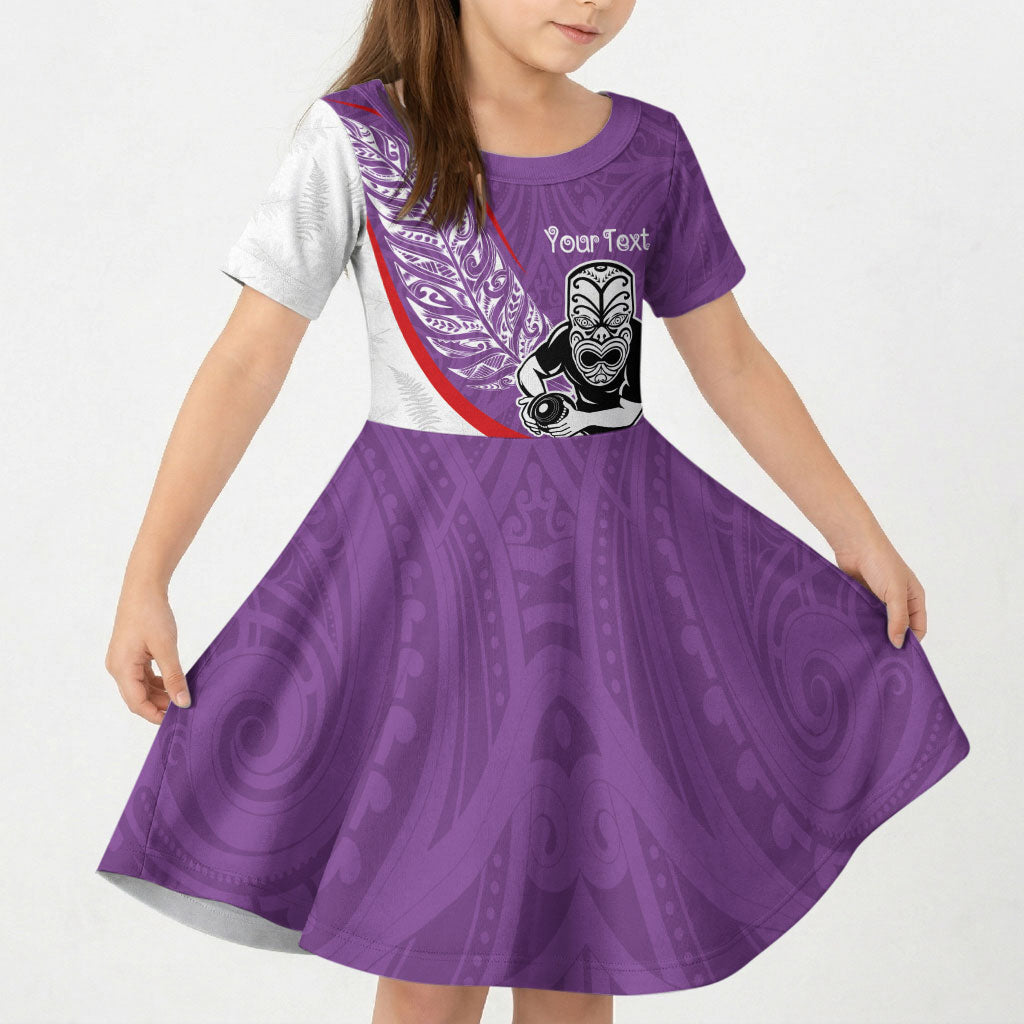 Personalised Aotearoa Lawn Bowls Kid Short Sleeve Dress Maori Warrior and Silver Fern Sporty Style Purple LT03 KID Purple - Polynesian Pride