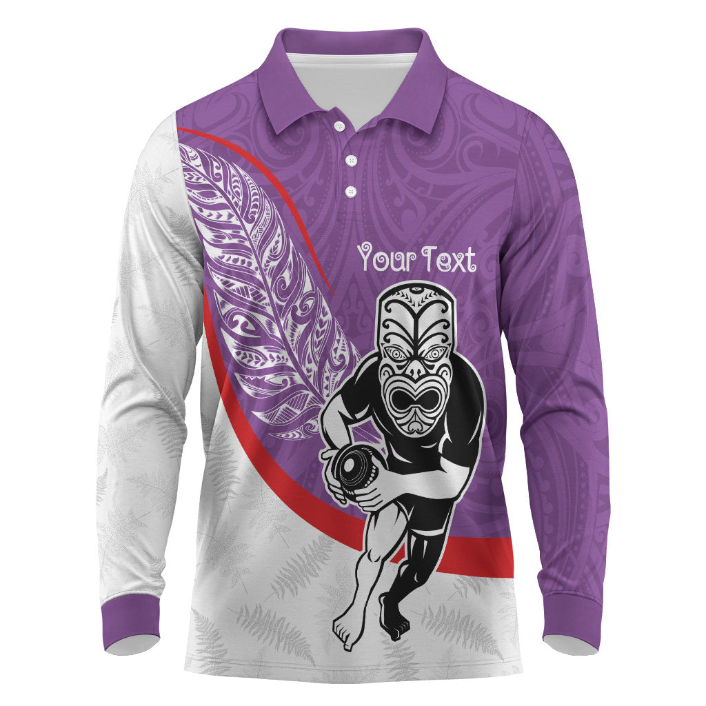 Personalised Aotearoa Lawn Bowls Long Sleeve Polo Shirt Maori Warrior and Silver Fern Sporty Style Purple LT03 Purple - Polynesian Pride
