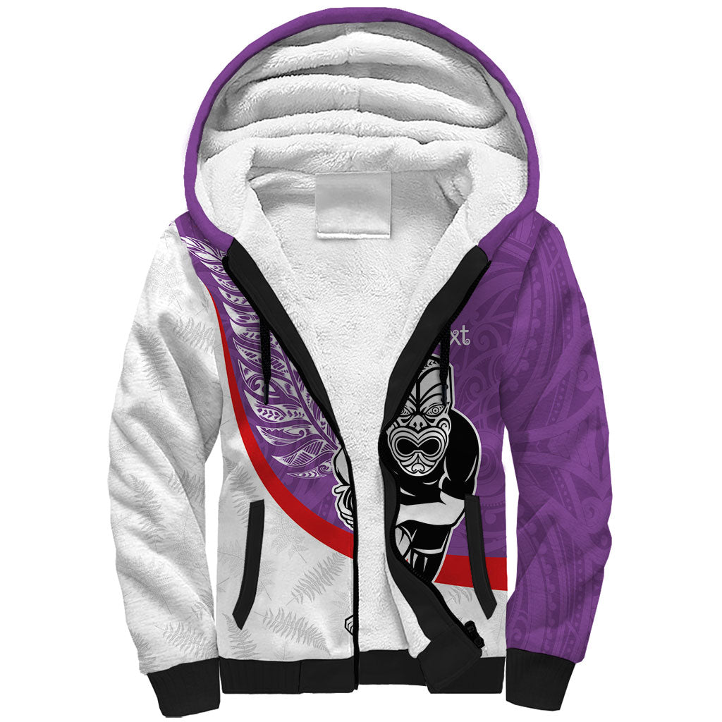 Personalised Aotearoa Lawn Bowls Sherpa Hoodie Maori Warrior and Silver Fern Sporty Style Purple