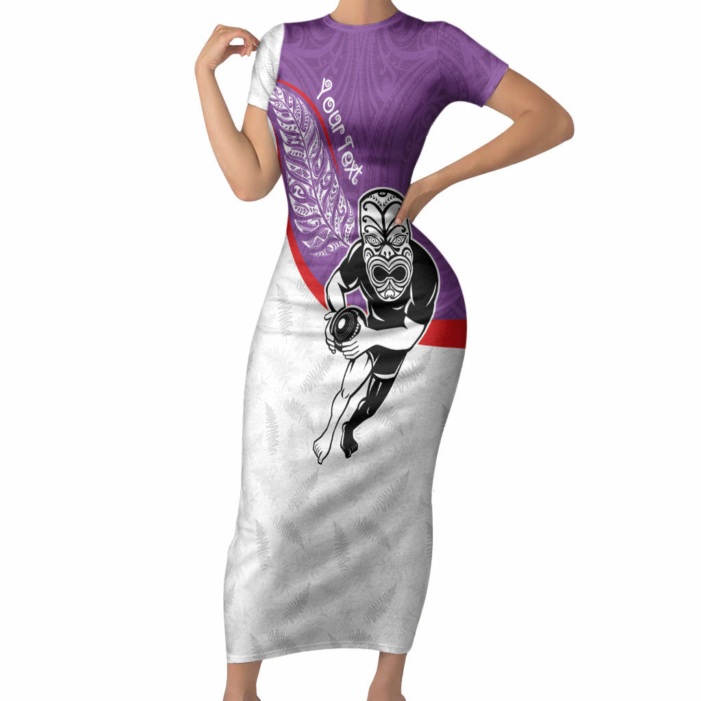 Personalised Aotearoa Lawn Bowls Short Sleeve Bodycon Dress Maori Warrior and Silver Fern Sporty Style Purple LT03 Long Dress Purple - Polynesian Pride