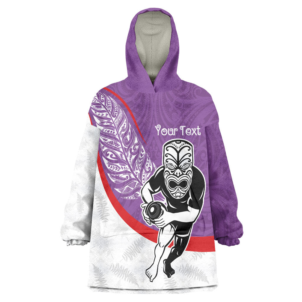 Personalised Aotearoa Lawn Bowls Wearable Blanket Hoodie Maori Warrior and Silver Fern Sporty Style Purple LT03 One Size Purple - Polynesian Pride