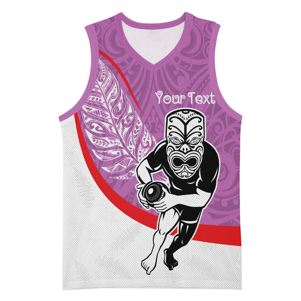 Personalised Aotearoa Lawn Bowls Basketball Jersey Maori Warrior and Silver Fern Sporty Style Pink LT03 Unisex Pink - Polynesian Pride