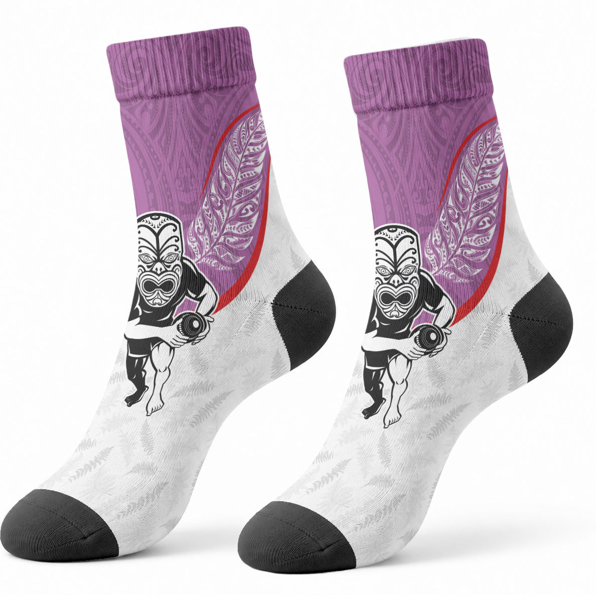 Aotearoa Lawn Bowls Crew Socks Maori Warrior and Silver Fern Sporty Style Pink LT03 - Polynesian Pride