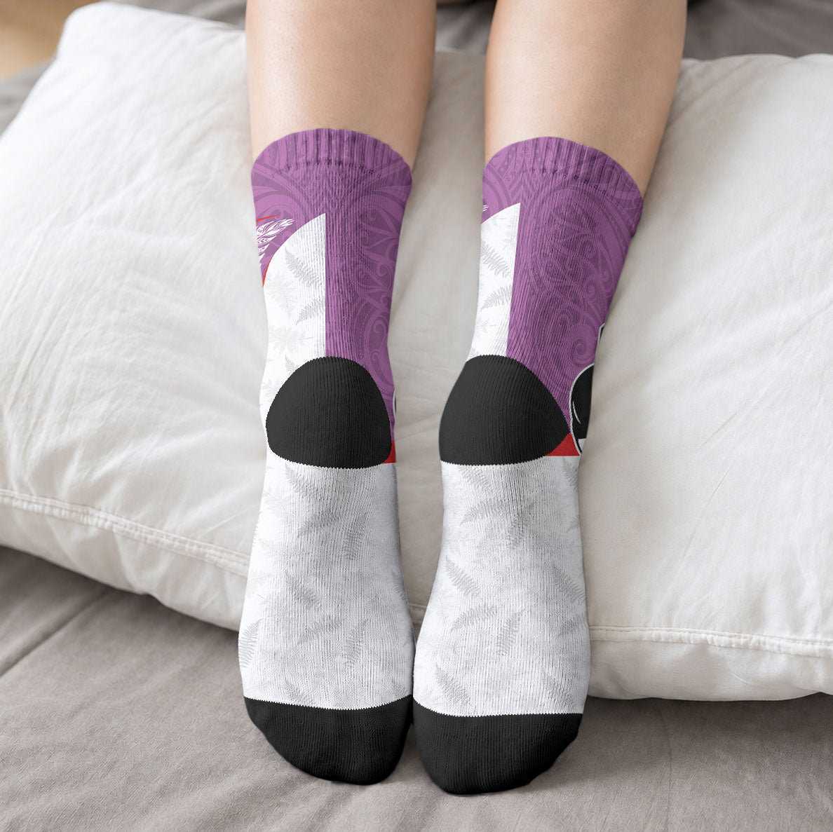 Aotearoa Lawn Bowls Crew Socks Maori Warrior and Silver Fern Sporty Style Pink LT03 - Polynesian Pride
