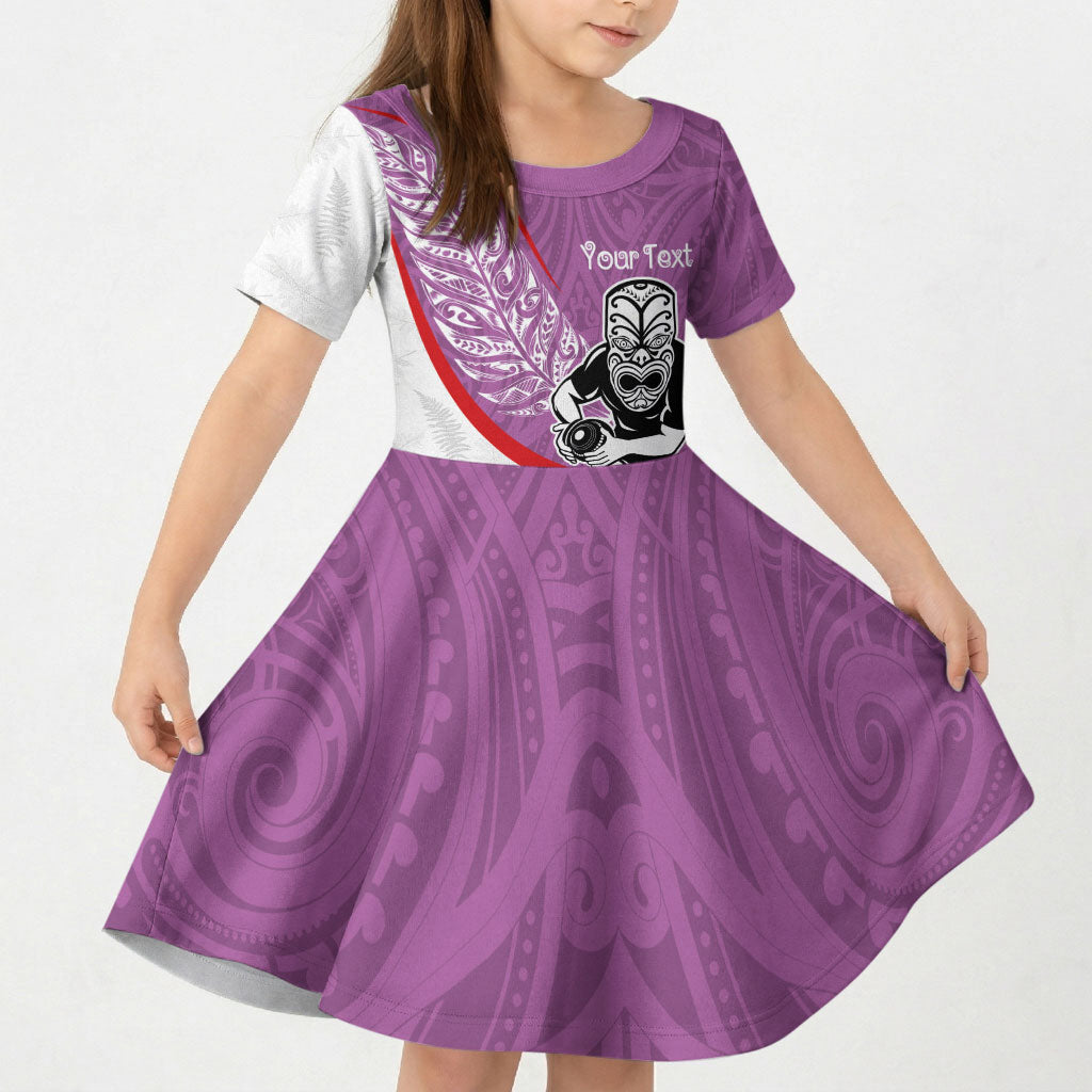 Personalised Aotearoa Lawn Bowls Kid Short Sleeve Dress Maori Warrior and Silver Fern Sporty Style Pink LT03 KID Pink - Polynesian Pride